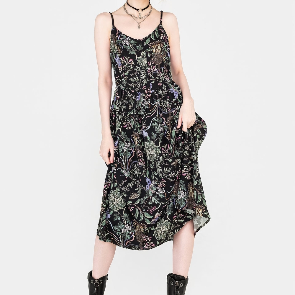 Disturbia Black Floral Slip Dress with Pastel Green & Purple Print
